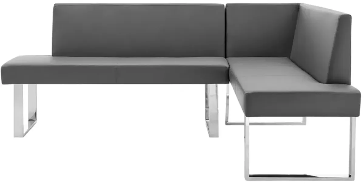 Amanda Contemporary Nook Corner Dining Bench in Gray Faux Leather and Chrome Finish