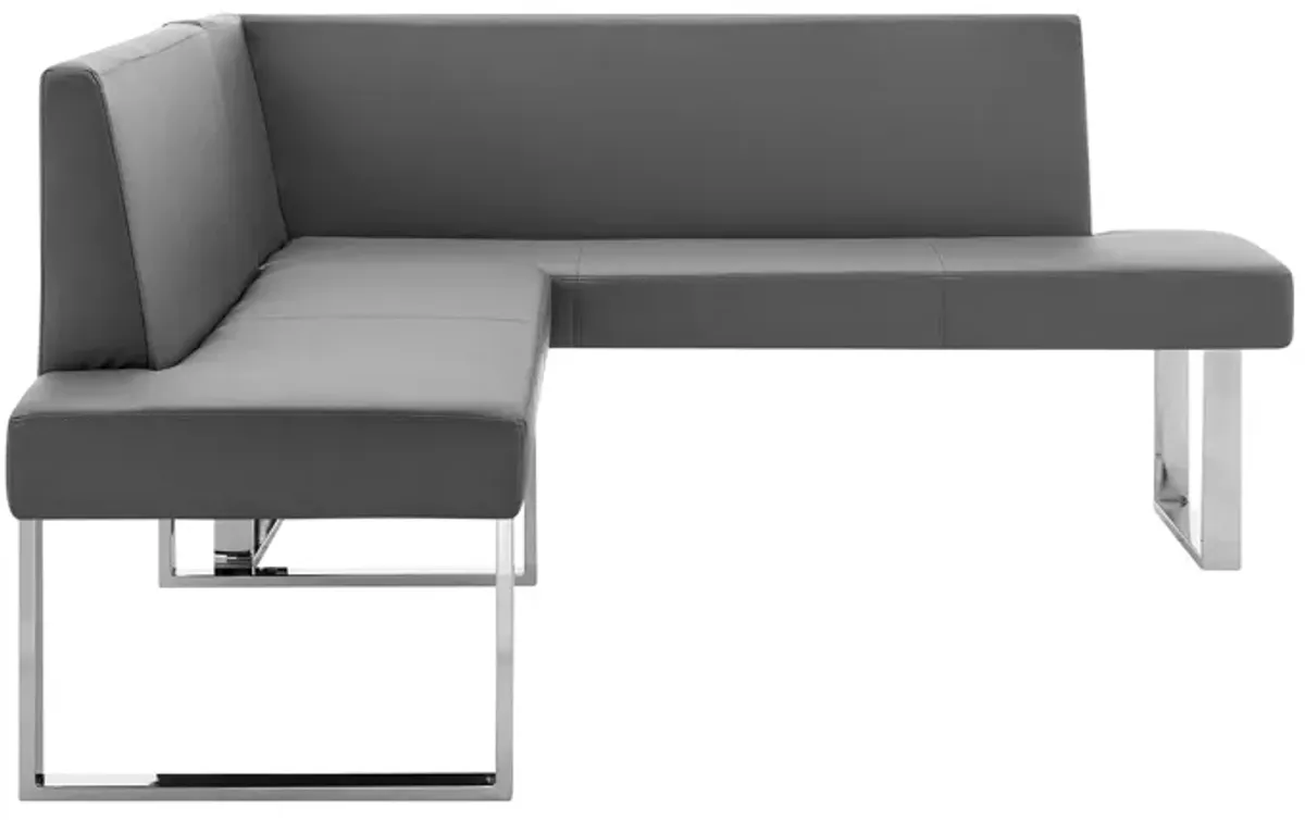 Amanda Contemporary Nook Corner Dining Bench in Gray Faux Leather and Chrome Finish