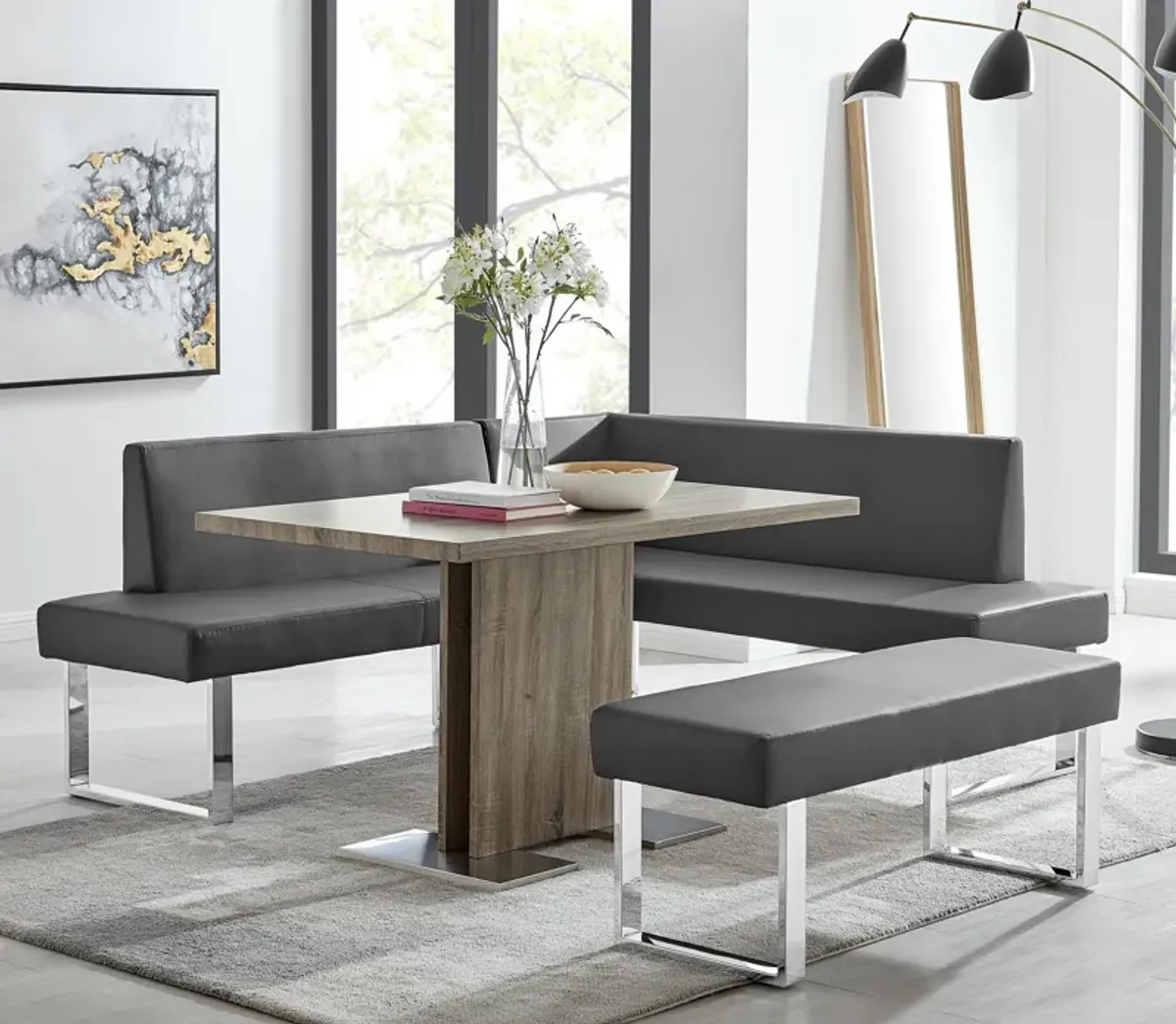 Amanda Contemporary Nook Corner Dining Bench in Gray Faux Leather and Chrome Finish