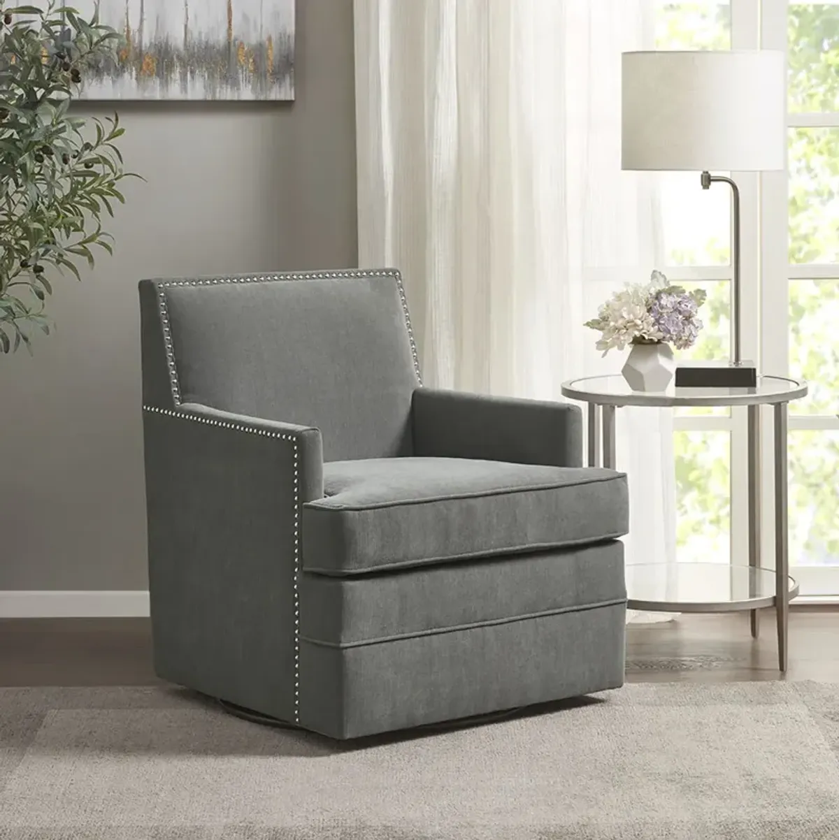 Madison Park Circa Grey Upholstered Swivel Chair