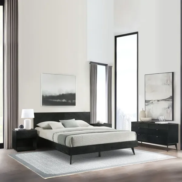 Petra King 4 Piece Wood Bedroom Set in Black Finish