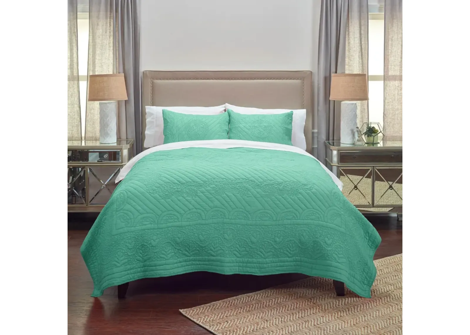 Moroccan Fling Aqua King Floral Aqua  Quilt