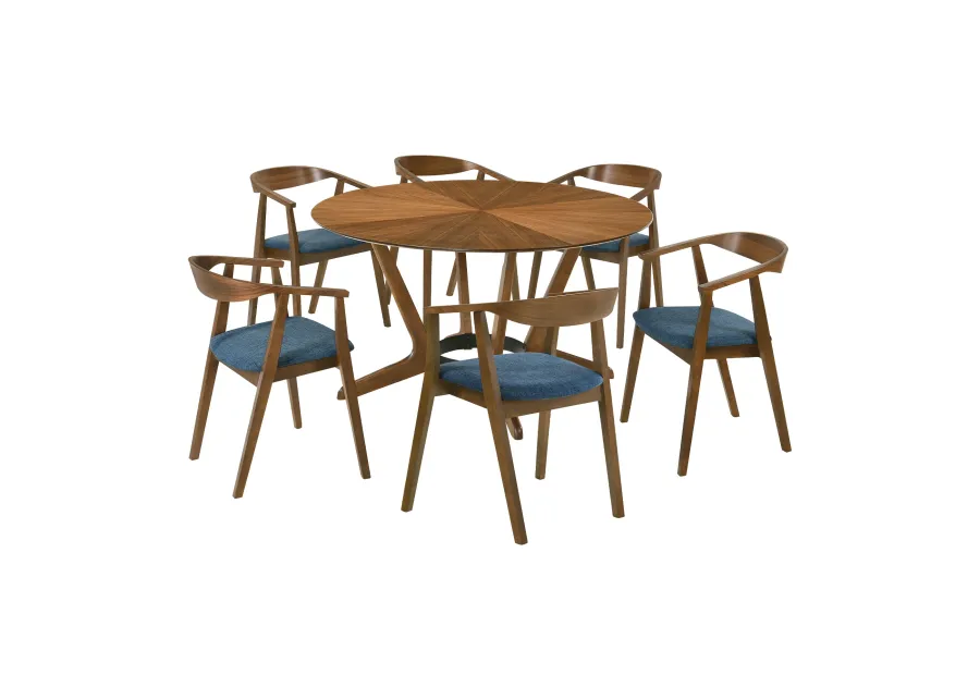 Santana 7 Piece Round Walnut Wood Dining Table Set with Blue Fabric