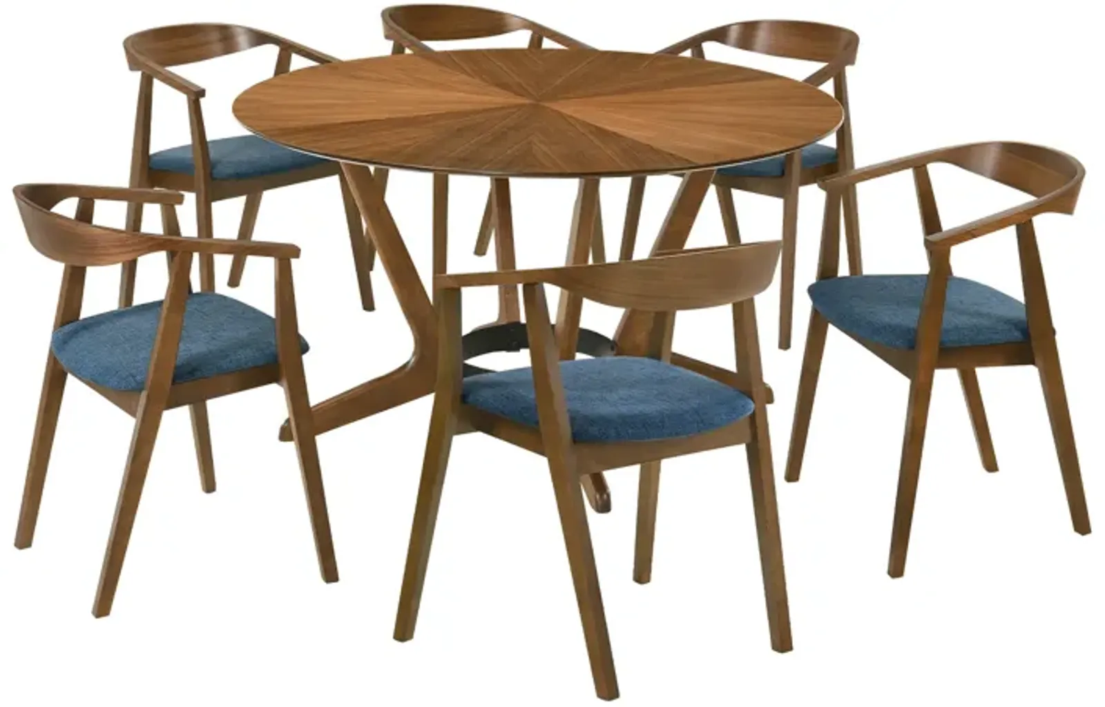 Santana 7 Piece Round Walnut Wood Dining Table Set with Blue Fabric