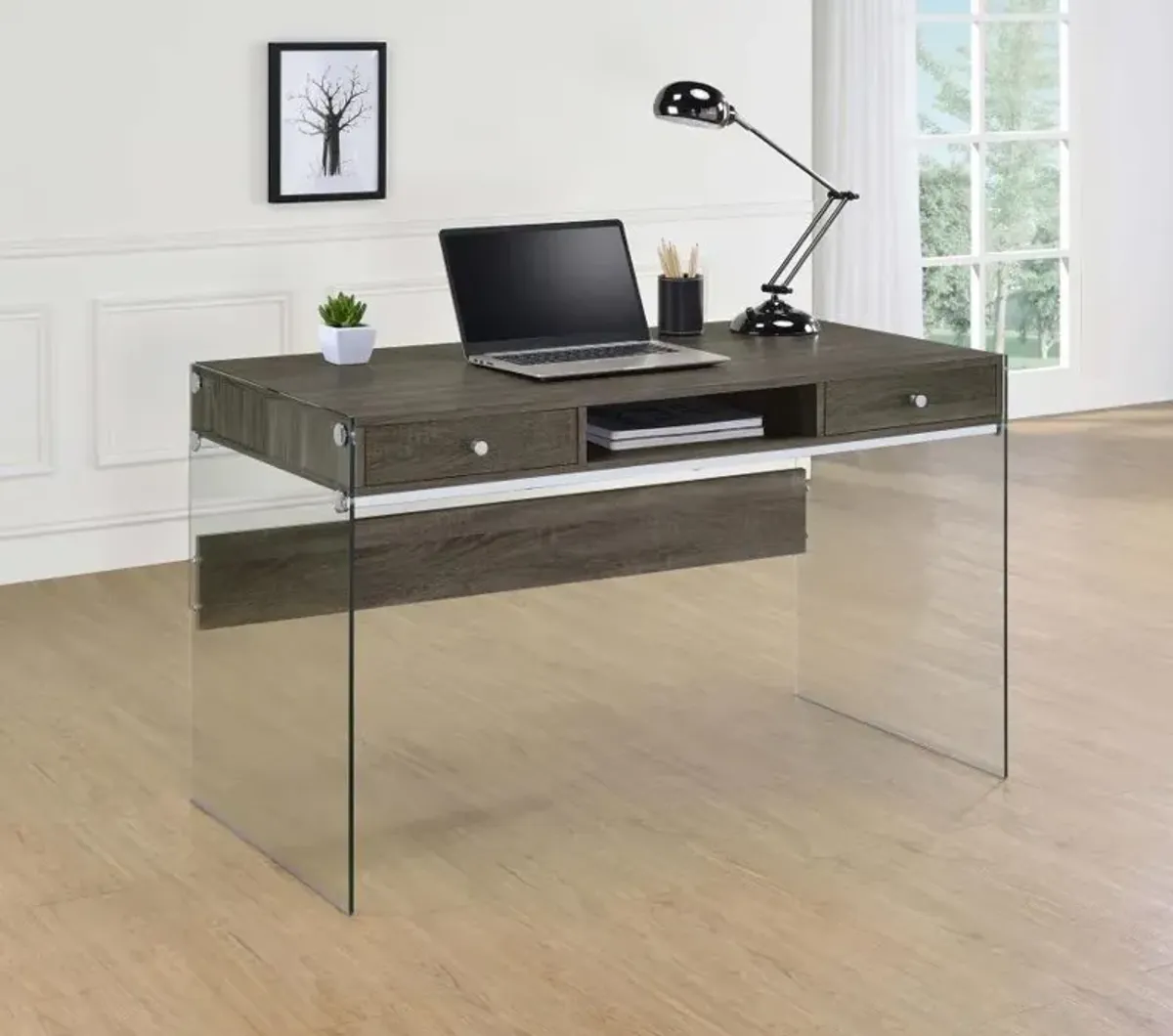 Dobrev 2-drawer Writing Desk Weathered Grey and Clear