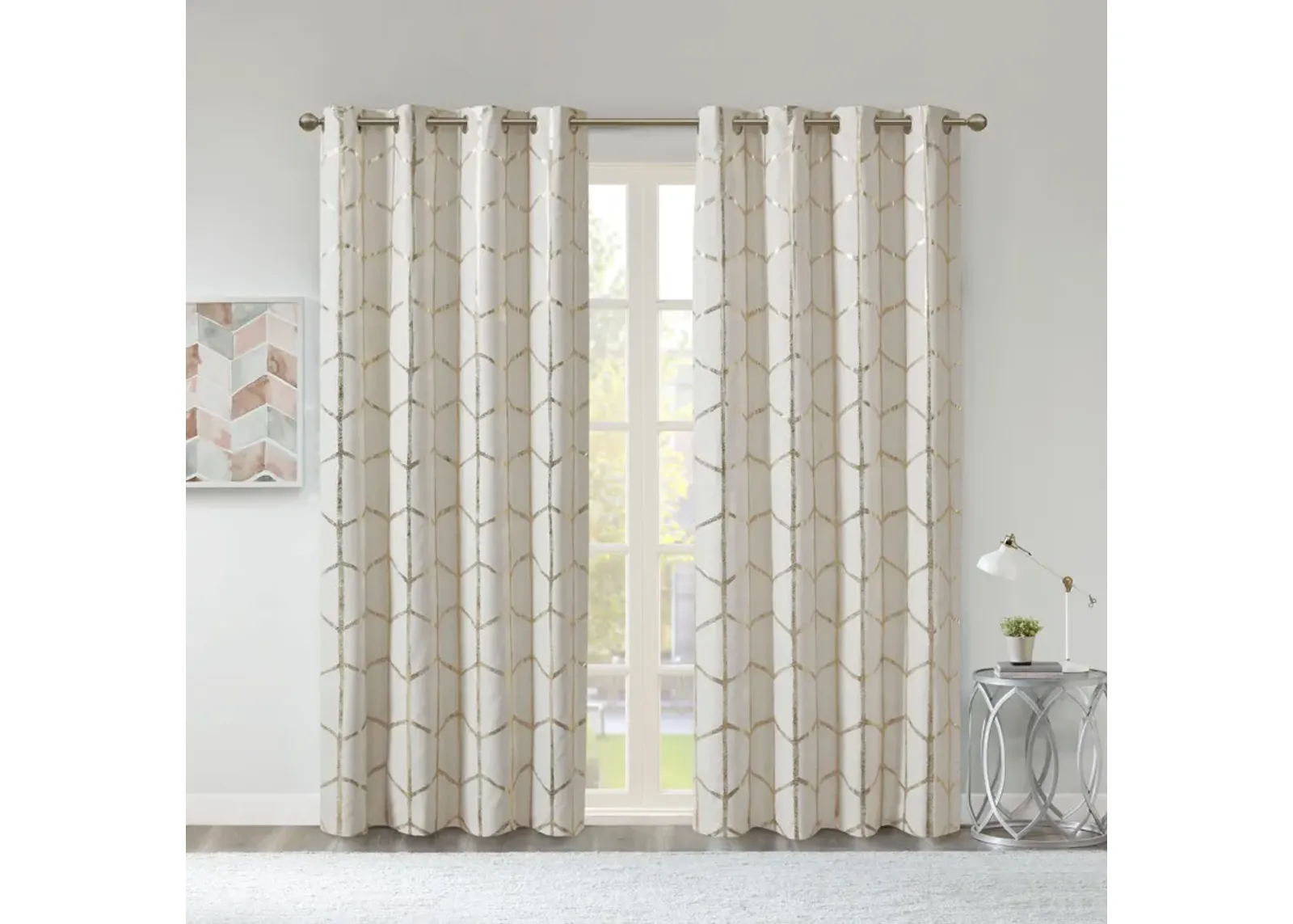 Intelligent Design Raina Ivory/Gold Total Blackout Metallic Print Grommet Top Curtain Panel Pair