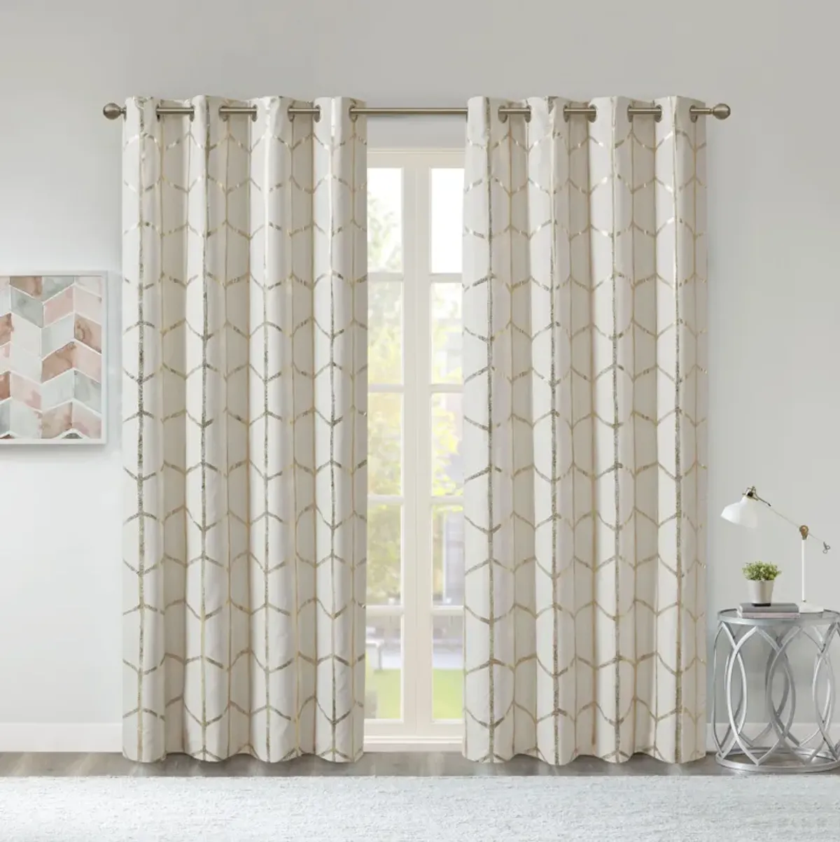 Intelligent Design Raina Ivory/Gold Total Blackout Metallic Print Grommet Top Curtain Panel Pair