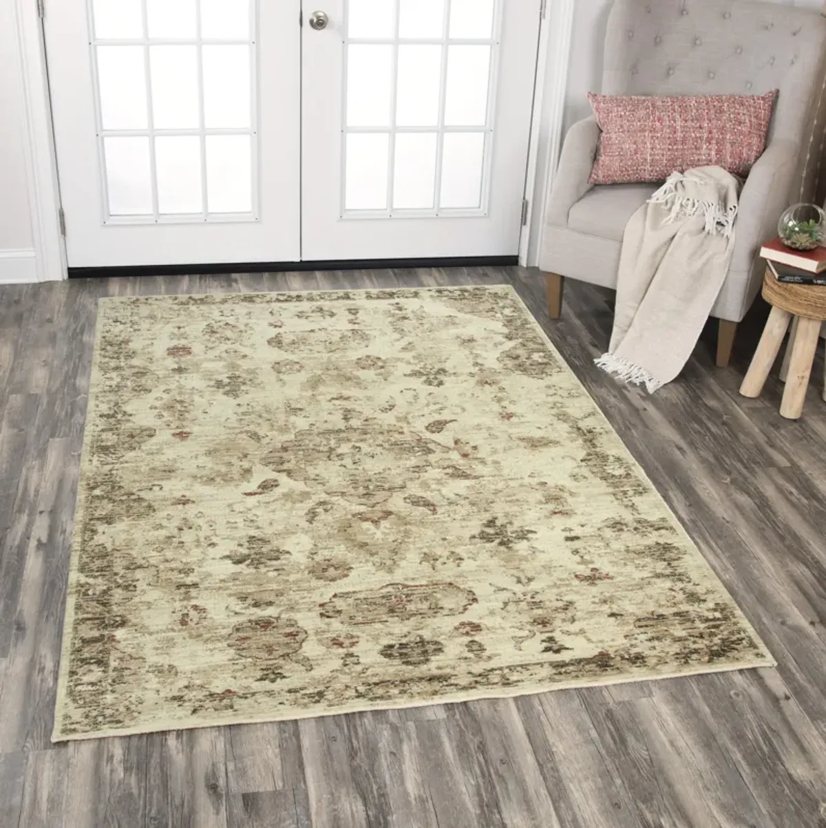 Gossamer Beige/Brown Medallion Distress 100% New Zealand Wool 5' x 8' Rectangle Rug