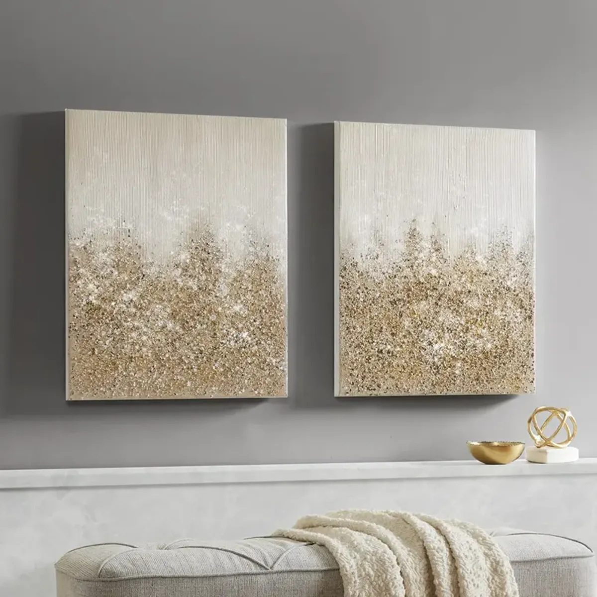 Madison Park Golden Glimmer Gold Heavily Embellished 2-piece Canvas Wall Art Set