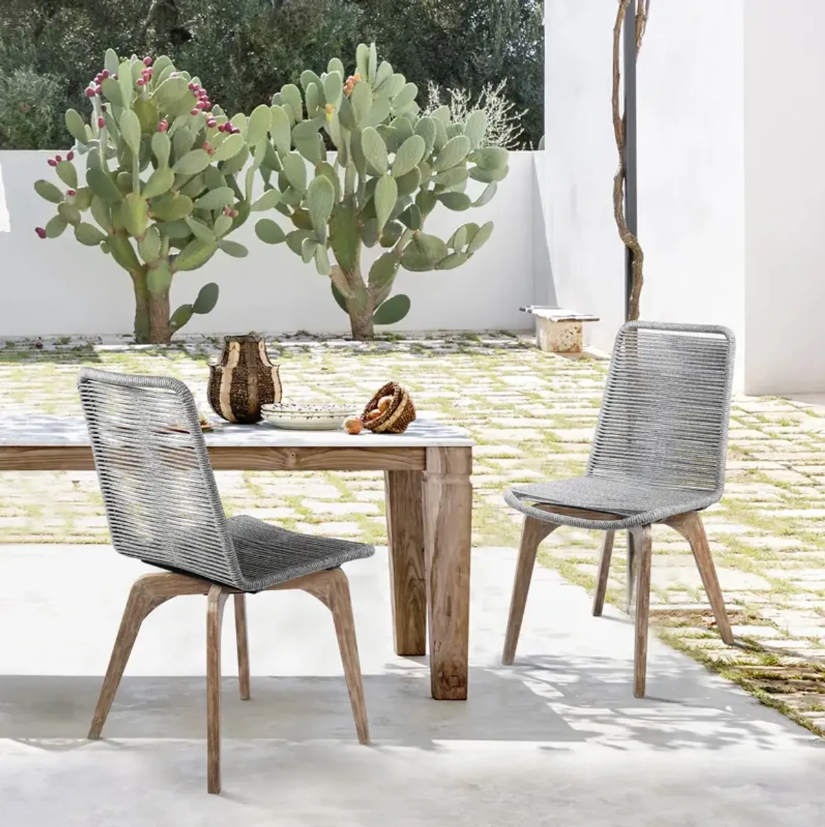 Island Outdoor Light Eucalyptus Wood and Grey Rope Dining Chairs - Set of 2