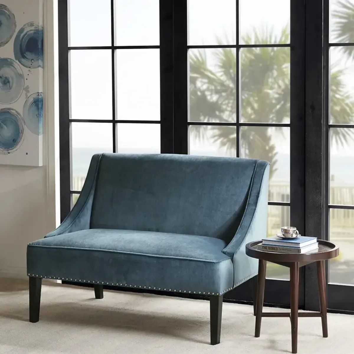 Madison Park Avalon Blue/Brown Swoop Arm Settee