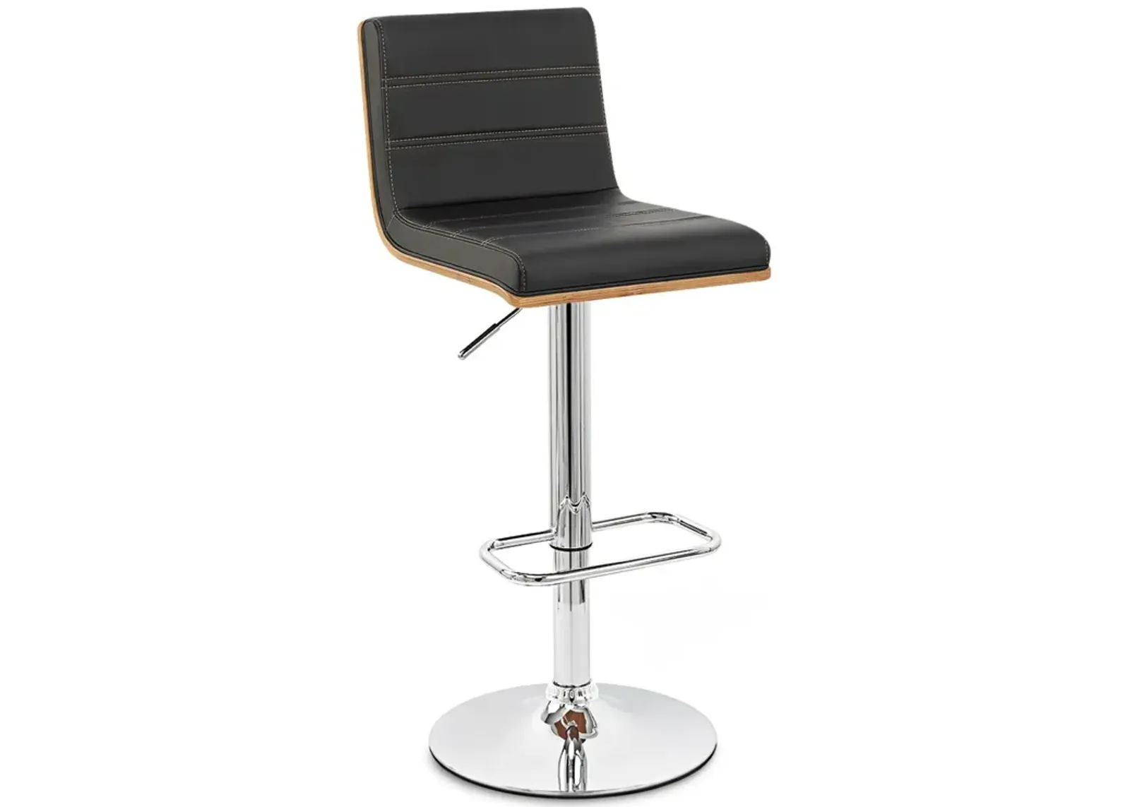 Aubrey Adjustable Height Swivel Black Faux Leather and Chrome Bar Stool with Walnut Wood