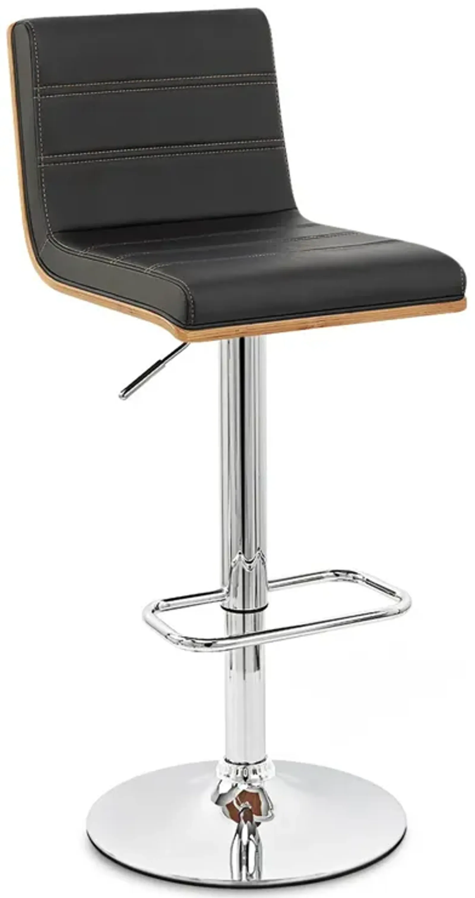 Aubrey Adjustable Height Swivel Black Faux Leather and Chrome Bar Stool with Walnut Wood