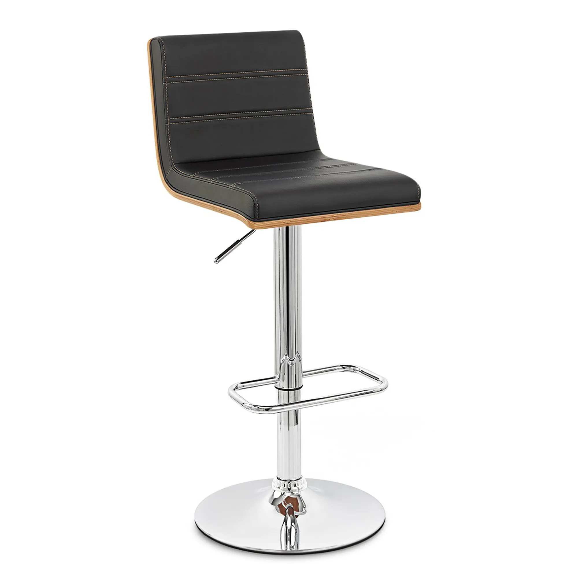 Aubrey Adjustable Height Swivel Black Faux Leather and Chrome Bar Stool with Walnut Wood