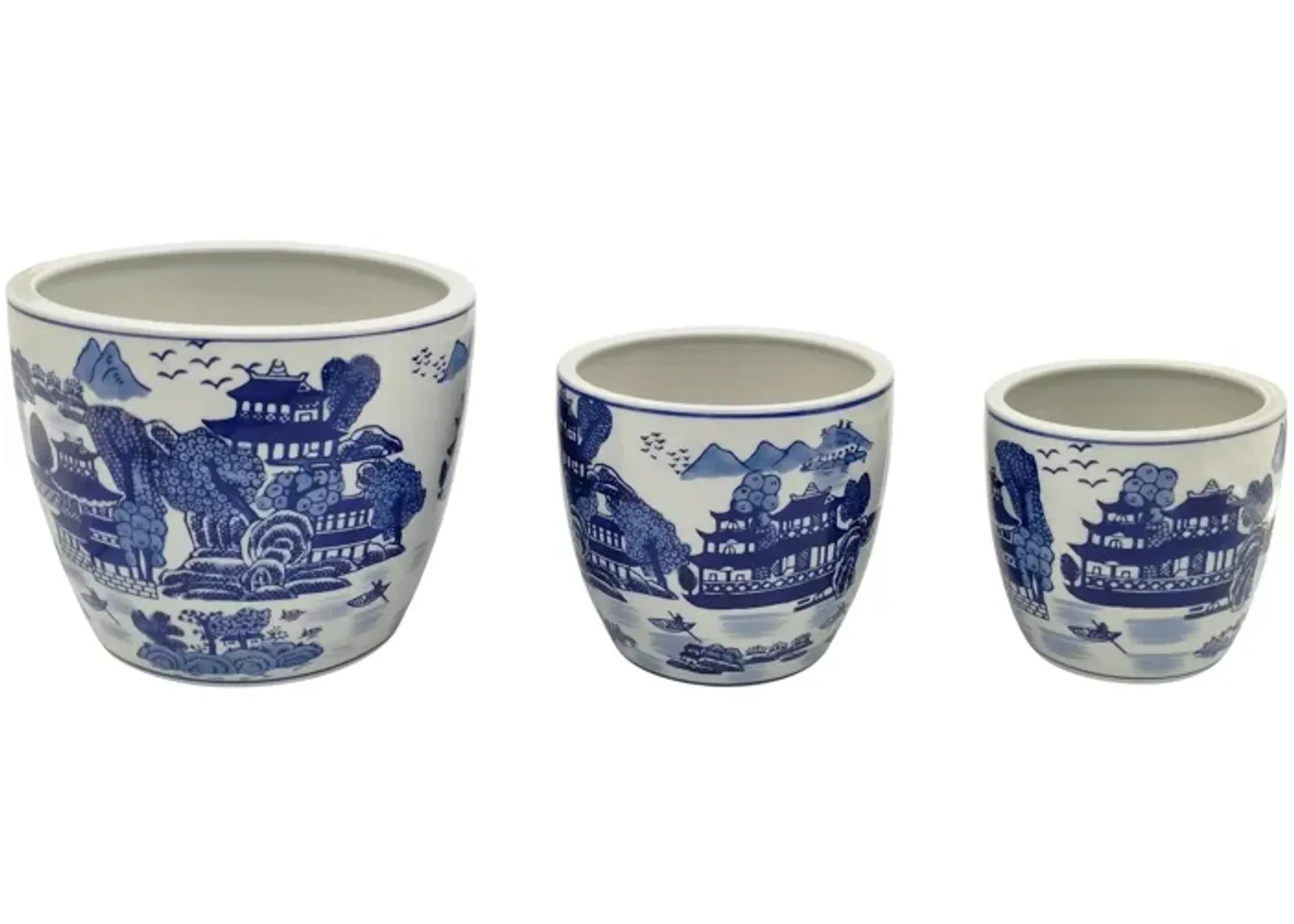 Cer, S/3 6/8/10" Chinoiserie Planters, Blue/white