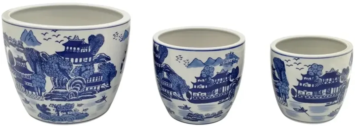 Cer, S/3 6/8/10" Chinoiserie Planters, Blue/white