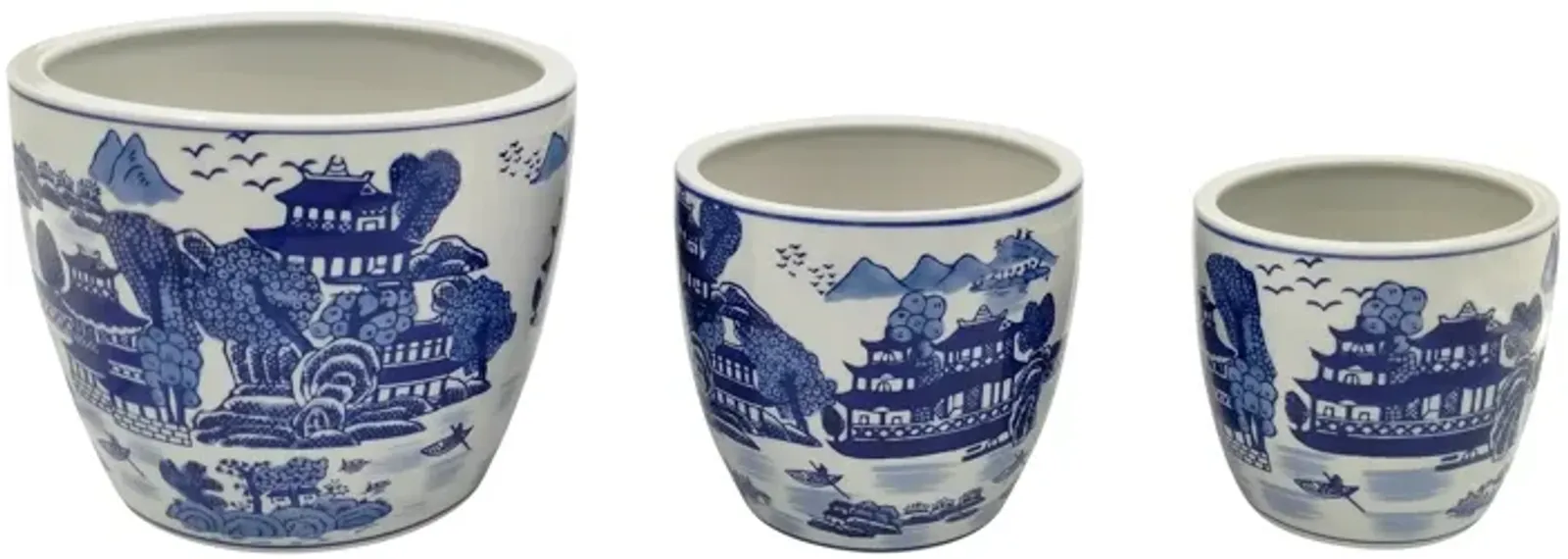 Cer, S/3 6/8/10" Chinoiserie Planters, Blue/white