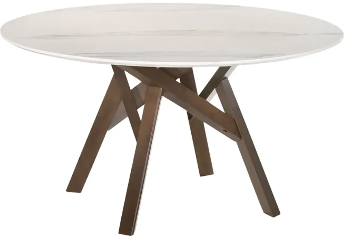 Venus 54" Round Mid-Century Modern White Marble Dining Table with Walnut Wood Legs