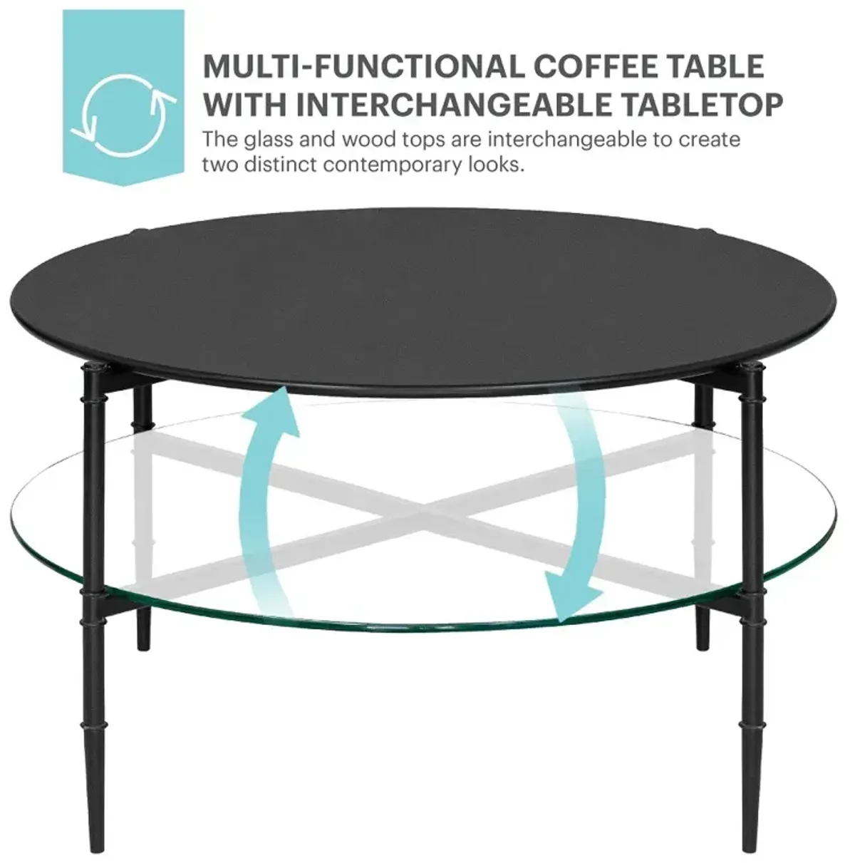 Martha Stewart Caroline Black Round Coffee Table with Interchangeable Wood and Glass Top