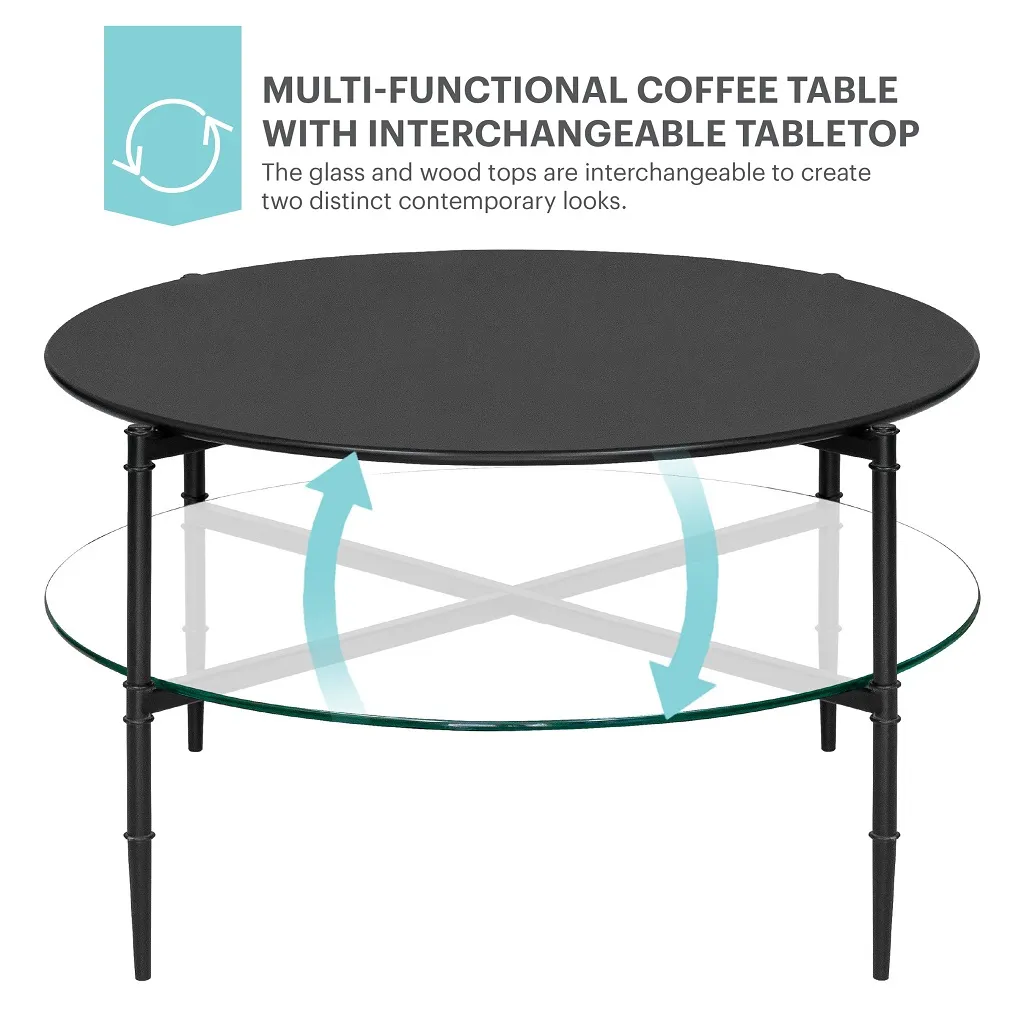 Martha Stewart Caroline Black Round Coffee Table with Interchangeable Wood and Glass Top