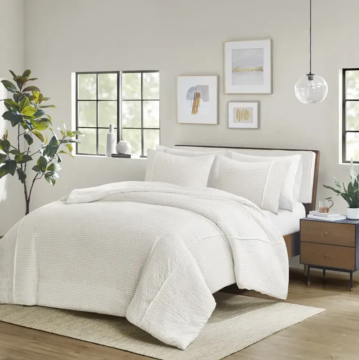 Beautyrest Apollo Ivory 3 Piece Striped Seersucker Oversized Duvet Cover Set