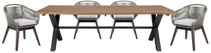 Glendora Tutti Frutti Outdoor Patio 5 Piece Live Edge Dining Set in Eucalyptus Wood Gray Rope and Cushions 