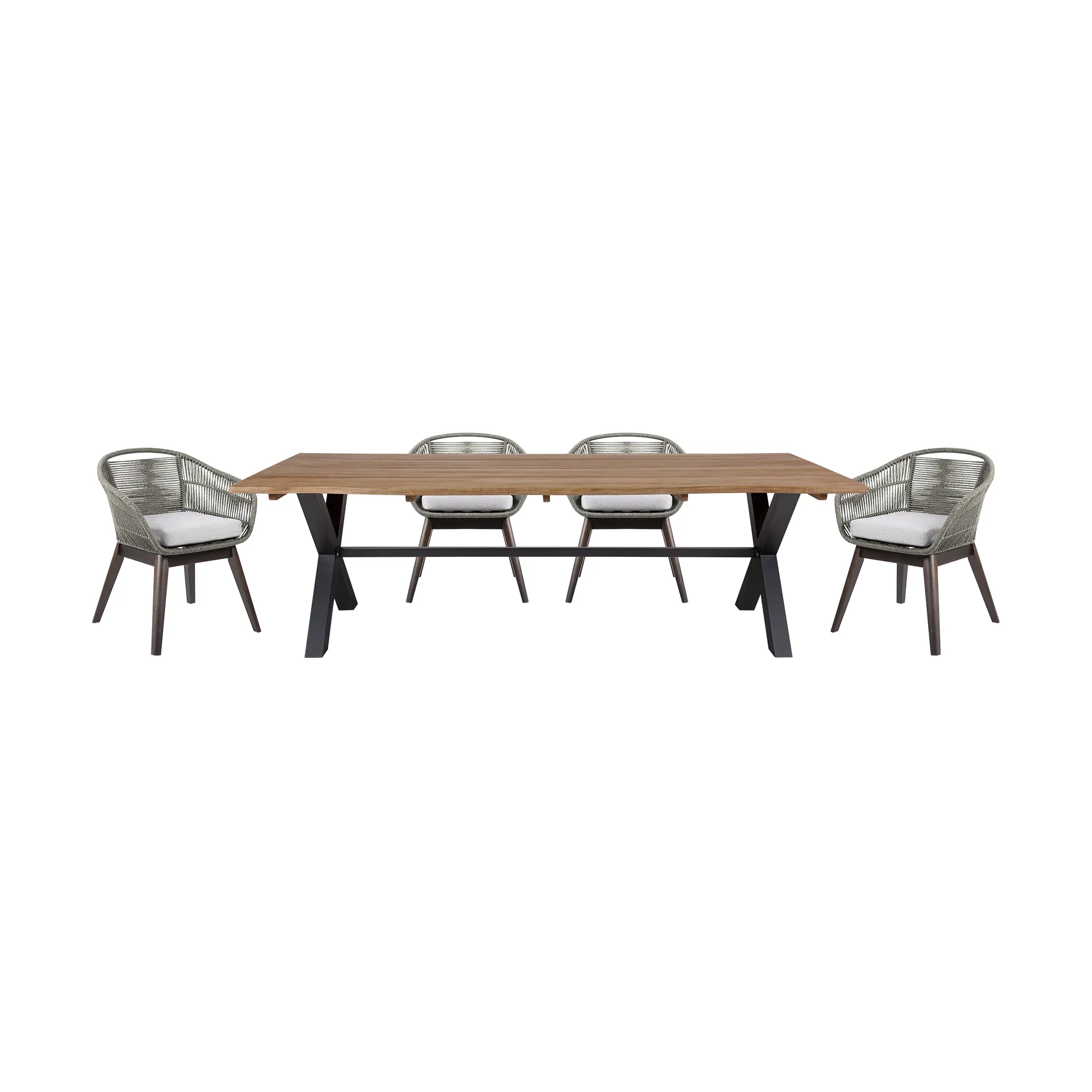 Glendora Tutti Frutti Outdoor Patio 5 Piece Live Edge Dining Set in Eucalyptus Wood Gray Rope and Cushions 