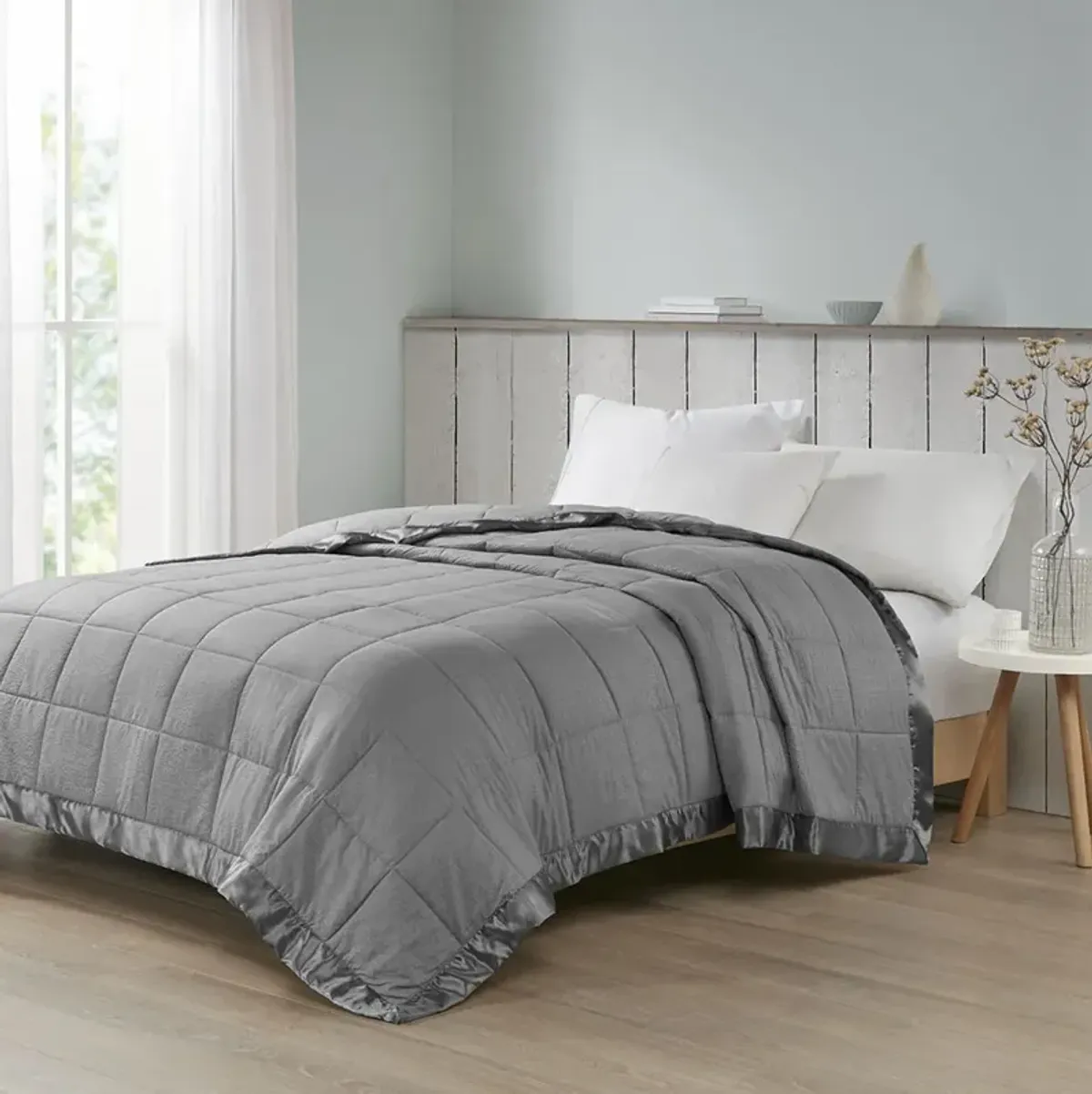 Madison Park Cambria Charcoal Oversized Down Alternative Blanket with Satin Trim