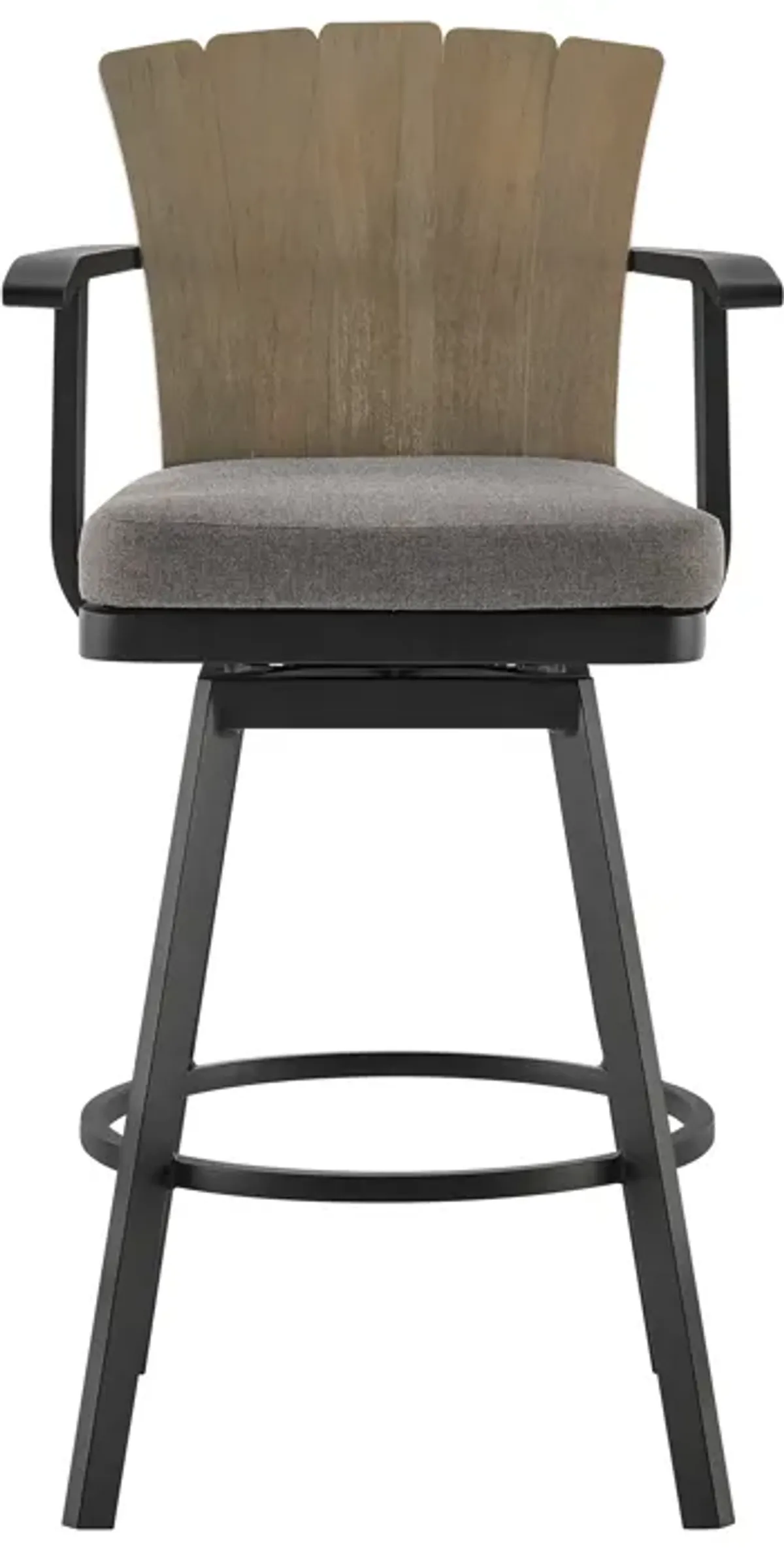 Hazel Outdoor Patio Swivel Bar Stool in Aluminum with Teak Wood and Charcoal Cushion