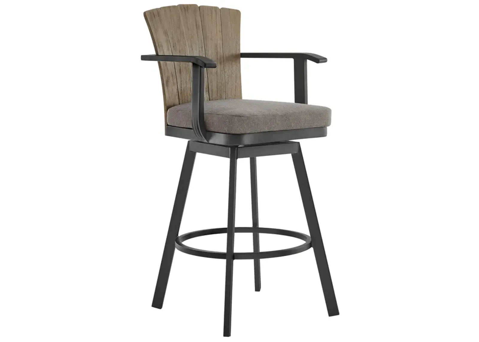 Hazel Outdoor Patio Swivel Bar Stool in Aluminum with Teak Wood and Charcoal Cushion