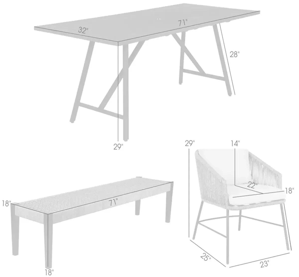 Koala Calica and Camino 6 Piece Outdoor Dining Set with Dark Eucalyptus Wood and Gray Rope and Cushions