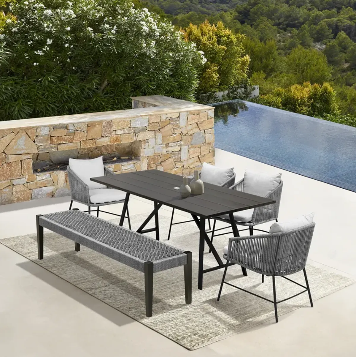 Koala Calica and Camino 6 Piece Outdoor Dining Set with Dark Eucalyptus Wood and Gray Rope and Cushions