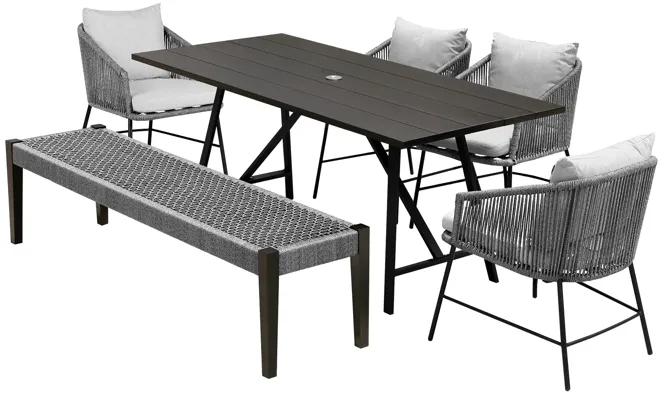 Koala Calica and Camino 6 Piece Outdoor Dining Set with Dark Eucalyptus Wood and Gray Rope and Cushions