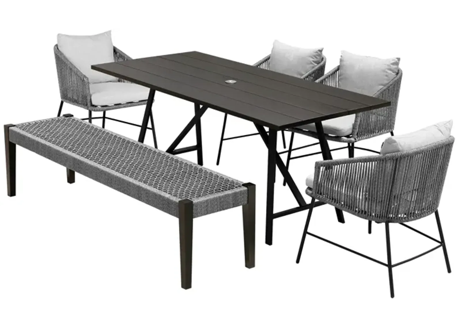 Koala Calica and Camino 6 Piece Outdoor Dining Set with Dark Eucalyptus Wood and Gray Rope and Cushions