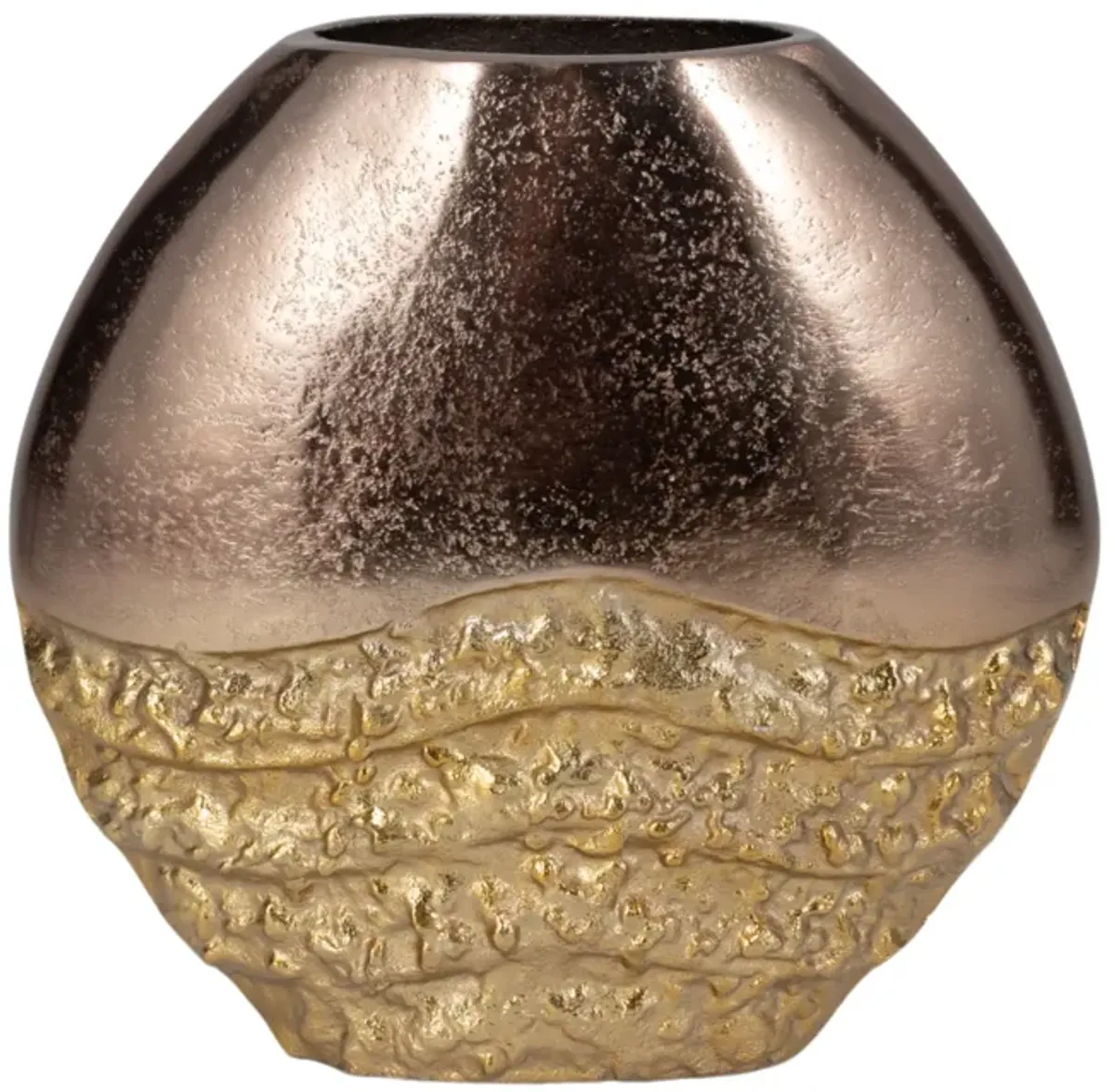 Metal, 10" Ridged Round Vase, Black/gold