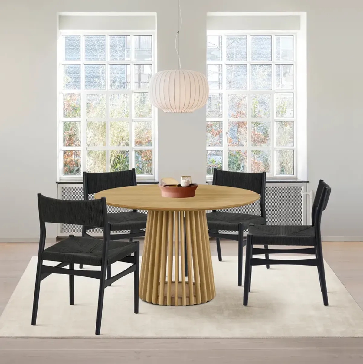 Pasadena Erie 5 Piece Round Dining Set in Natural Oak Finish with Black Paper Cord Chairs