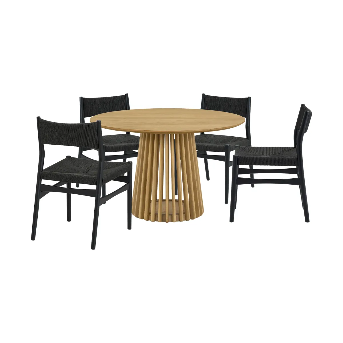 Pasadena Erie 5 Piece Round Dining Set in Natural Oak Finish with Black Paper Cord Chairs