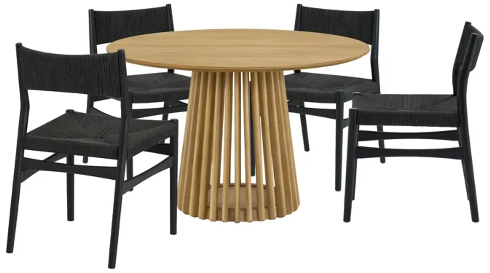 Pasadena Erie 5 Piece Round Dining Set in Natural Oak Finish with Black Paper Cord Chairs