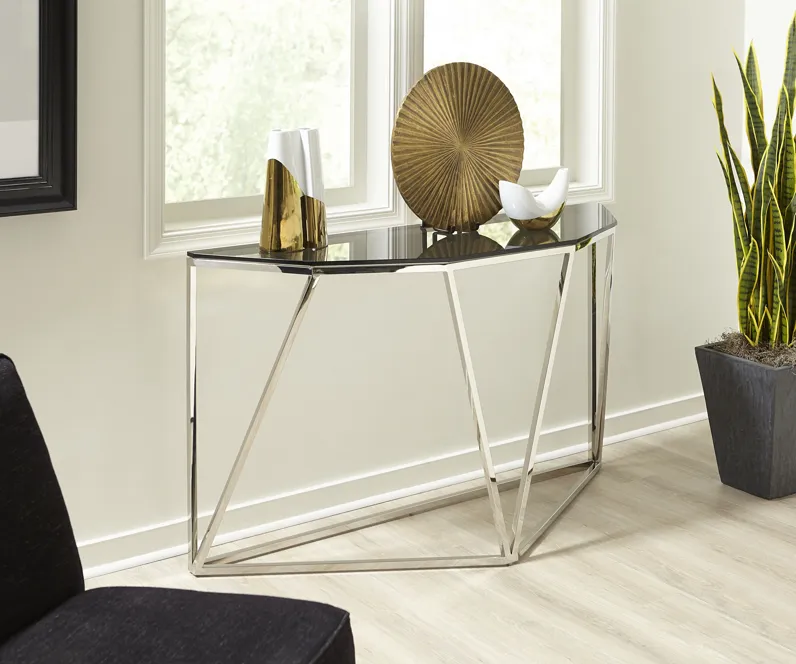 Aria Smoked Glass and Polished Stainless Steel Console Table