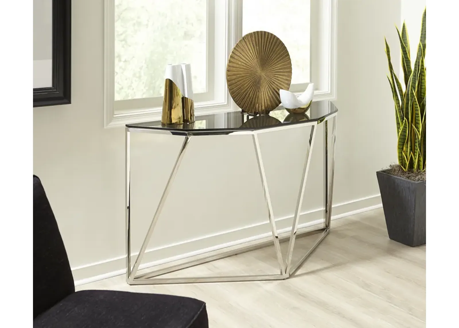 Aria Smoked Glass and Polished Stainless Steel Console Table