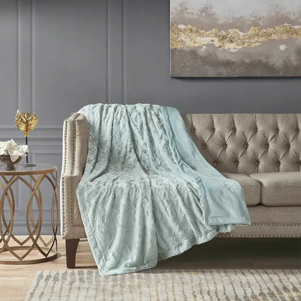 Madison Park Zuri Aqua Oversized Faux Fur Throw