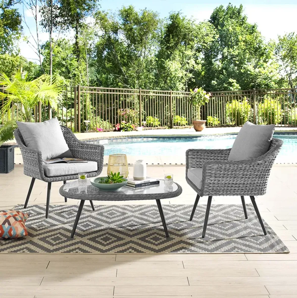 Endeavor 3 Piece Outdoor Patio Wicker Rattan Armchair and Coffee Table Set