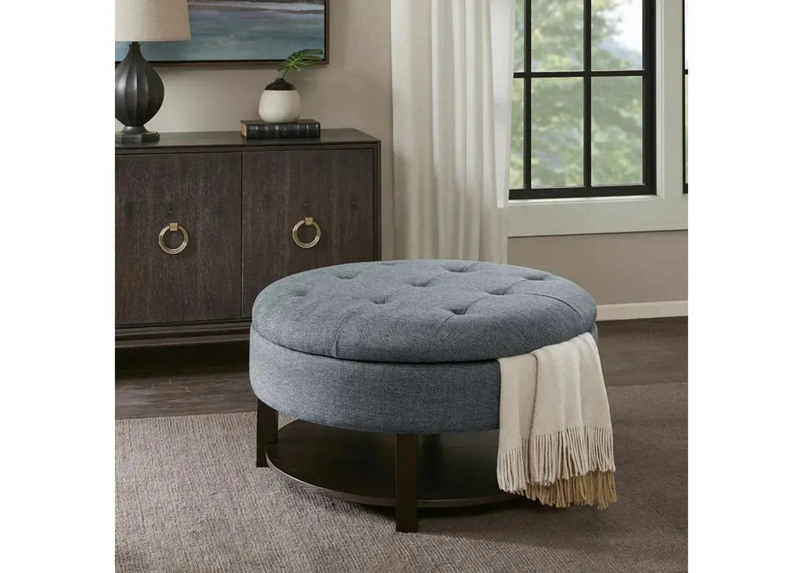 Madison Park Miller Denim/Brown Round Storage Ottoman