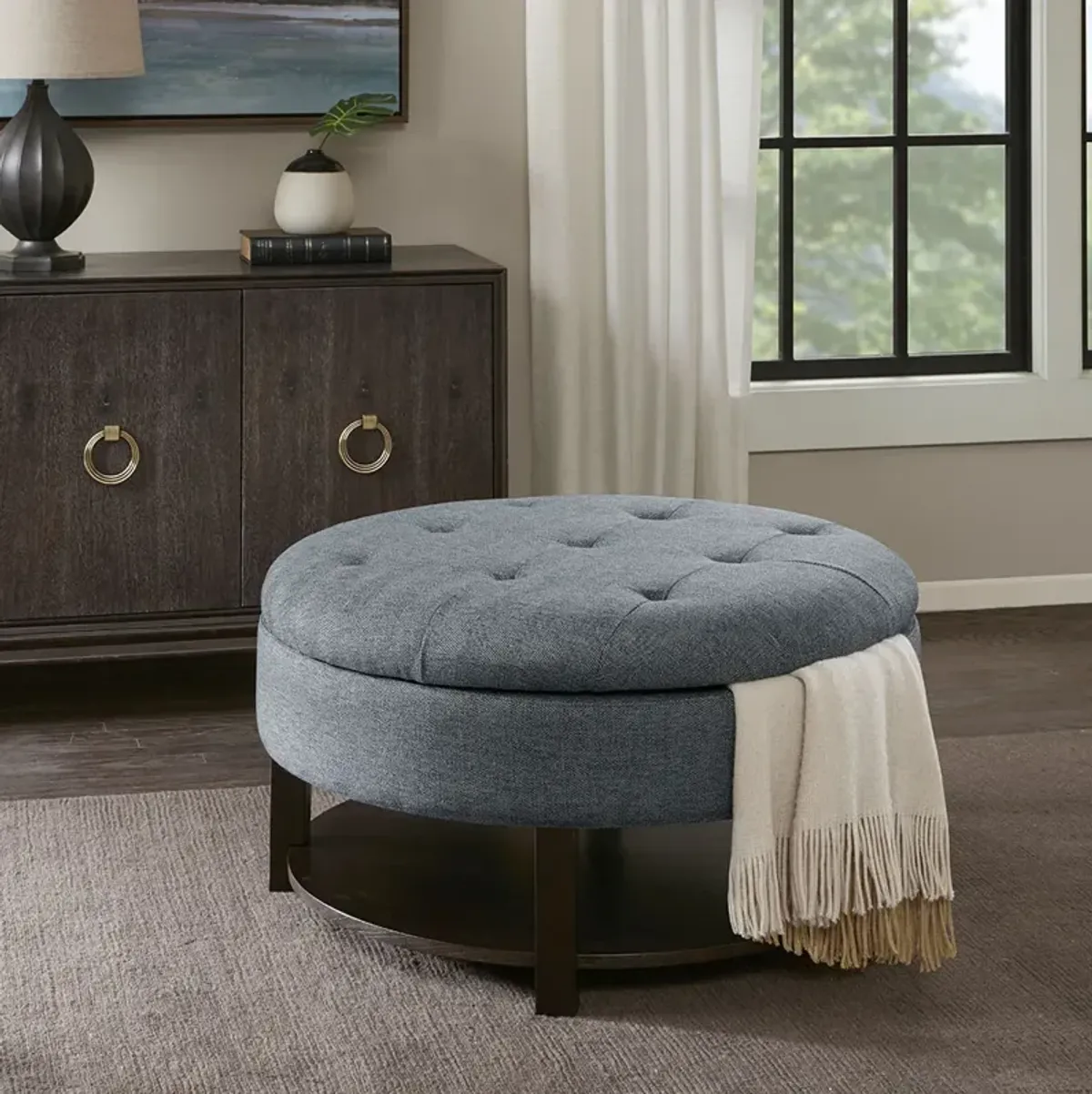 Madison Park Miller Denim/Brown Round Storage Ottoman