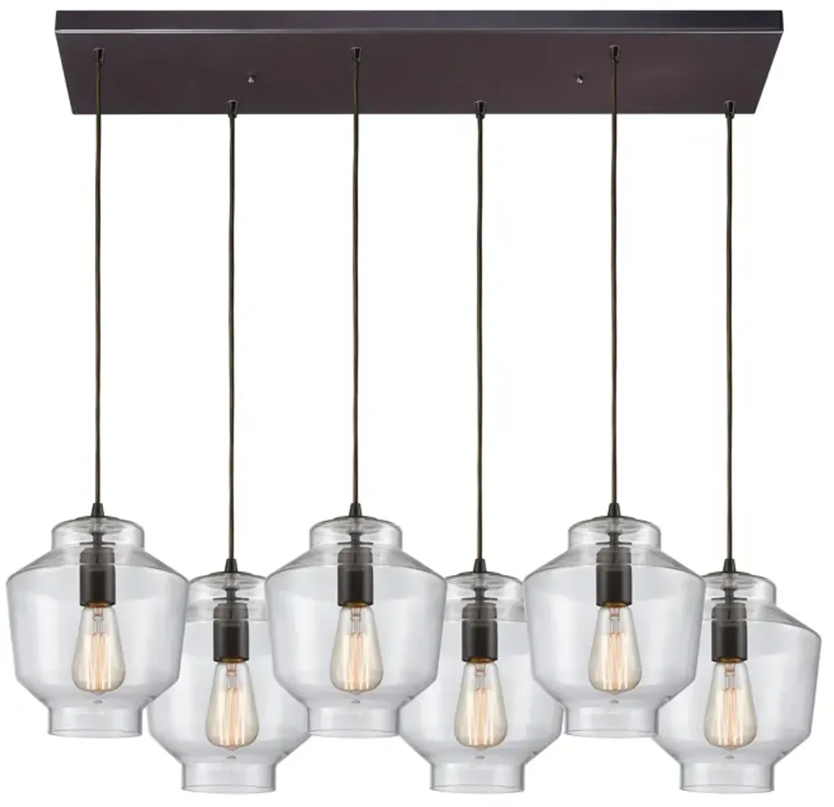 Barrel 6-Light Rectangular Pendant Fixture in Oil Rubbed Bronze with Clear Blown Glass