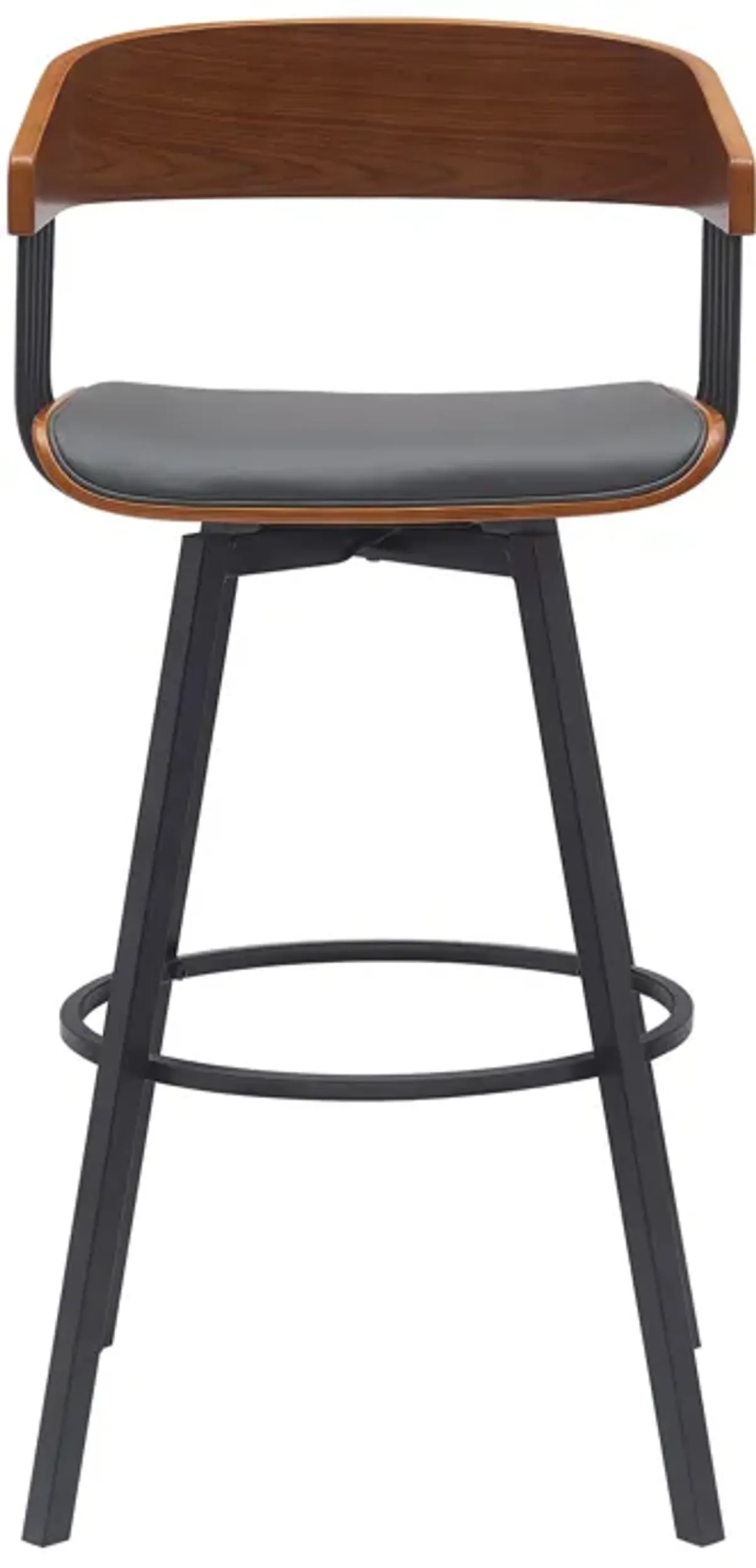 Athena 31" Swivel Walnut Wood Bar Stool in Gray Faux Leather with Black Metal