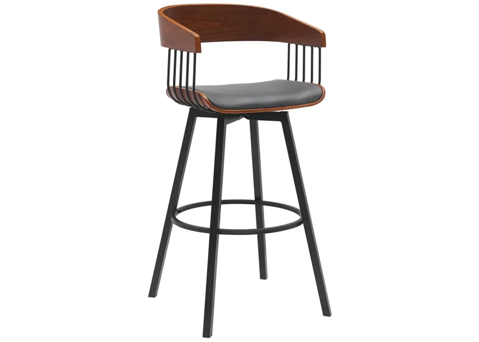 Athena 31" Swivel Walnut Wood Bar Stool in Gray Faux Leather with Black Metal