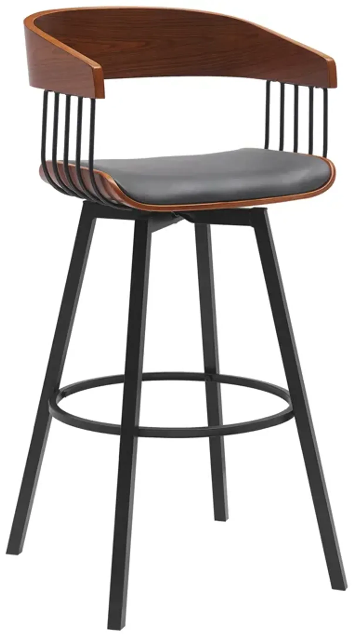 Athena 31" Swivel Walnut Wood Bar Stool in Gray Faux Leather with Black Metal