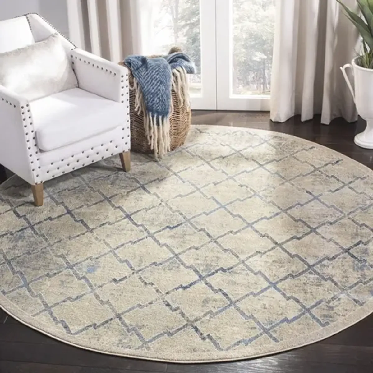 Brentwood 809 Light Grey / Blue 3' X 3' Round Round Powerloomed Rug