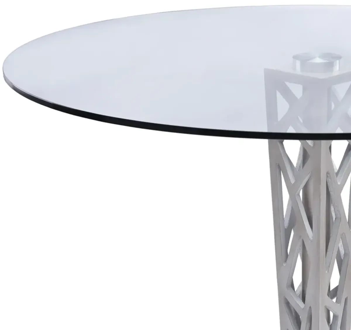 Crystal 48" Round Dining Table in Gray Walnut Veneer column and Brushed Stainless Steel finish with Clear Tempered Glass Top